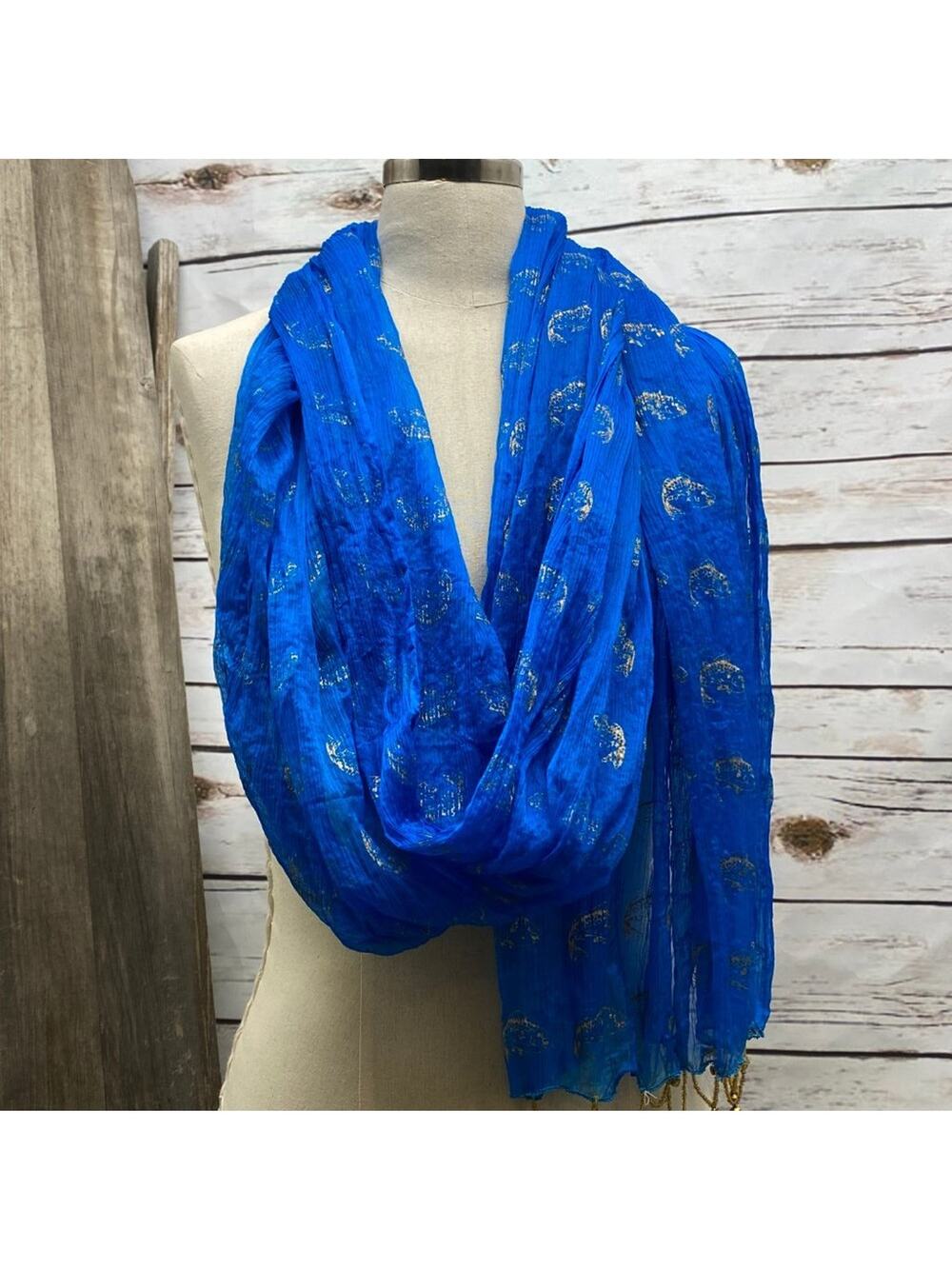 Handmade Blue Scarf from Royal Mirage Dubai Wrap Gold Stamped Fish Hemmed Edge